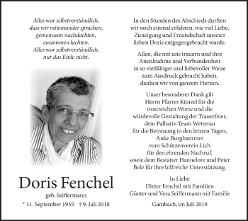 Traueranzeige von Doris Fenchel von Licher Wochenblatt, Licher Wochenblatt, Licher Wochenblatt