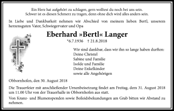 Traueranzeige von Eberhard Langer von Licher Wochenblatt, Licher Wochenblatt, Licher Wochenblatt