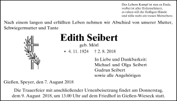 Traueranzeige von Edith Seibert von Giessener Allgemeine, Alsfelder Allgemeine