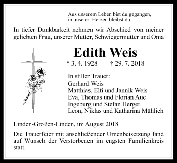 Traueranzeige von Edith Weis von Giessener Allgemeine, Alsfelder Allgemeine