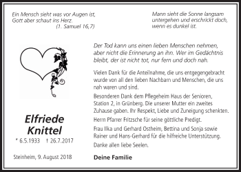 Traueranzeige von Elfriede Knittel von Licher Wochenblatt, Licher Wochenblatt, Licher Wochenblatt