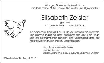 Traueranzeige von Elisabeth  Zeisler von Wetterauer Zeitung, Wetterauer Zeitung
