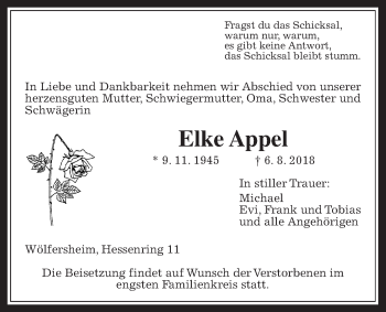Traueranzeige von Elke Appel von Wetterauer Zeitung, Wetterauer Zeitung