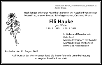 Traueranzeige von Elli Hauke von Giessener Allgemeine, Alsfelder Allgemeine