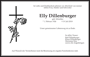 Traueranzeige von Elly Dillenburger von Wetterauer Zeitung, Wetterauer Zeitung