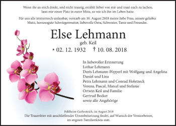 Traueranzeige von Else Lehmann von Pohlheimer Nachrichten