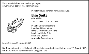 Traueranzeige von Else Seitz von Giessener Allgemeine, Alsfelder Allgemeine