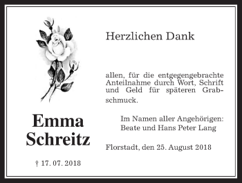 Traueranzeige von Emma Schreitz von Wetterauer Zeitung, Wetterauer Zeitung
