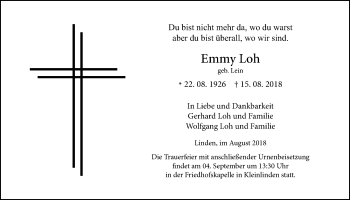 Traueranzeige von Emmy Loh von Giessener Allgemeine, Alsfelder Allgemeine