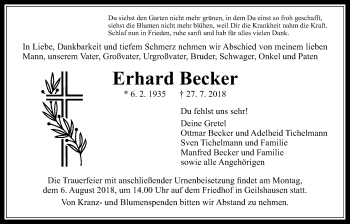 Traueranzeige von Erhard Becker von Giessener Allgemeine, Alsfelder Allgemeine