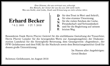 Traueranzeige von Erhard Becker von Rabenauer Zeitung