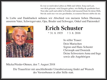 Traueranzeige von Erich Schuster von Giessener Allgemeine, Alsfelder Allgemeine