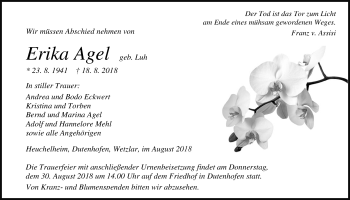 Traueranzeige von Erika Agel von Giessener Allgemeine, Alsfelder Allgemeine