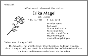 Traueranzeige von Erika Magel von Giessener Allgemeine, Alsfelder Allgemeine