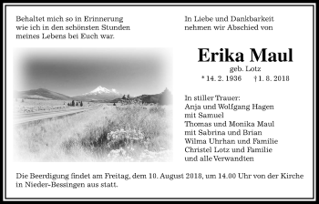 Traueranzeige von Erika Maul von Giessener Allgemeine, Alsfelder Allgemeine