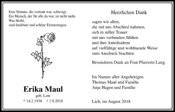 Traueranzeige von Erika Maul von Licher Wochenblatt, Licher Wochenblatt, Licher Wochenblatt