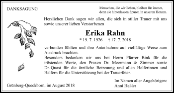 Traueranzeige von Erika Rahn von Giessener Allgemeine, Alsfelder Allgemeine