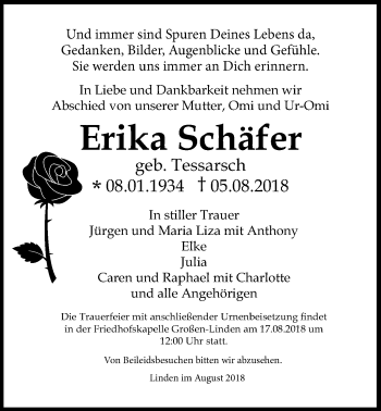Traueranzeige von Erika Schäfer von Giessener Allgemeine, Alsfelder Allgemeine