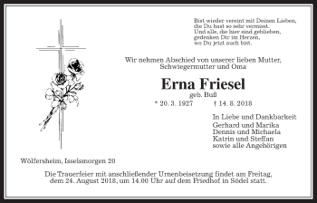 Traueranzeige von Erna Friesel von Wetterauer Zeitung, Wetterauer Zeitung