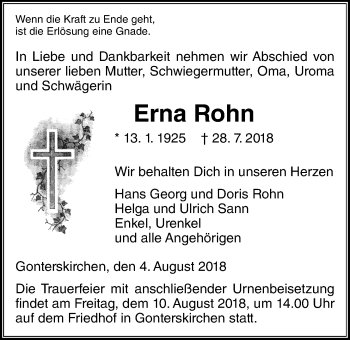 Traueranzeige von Erna Rohn von Giessener Allgemeine, Alsfelder Allgemeine