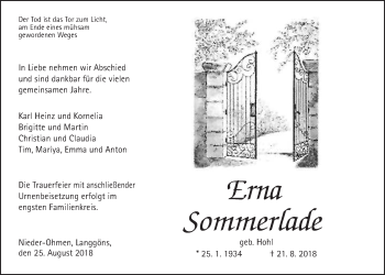 Traueranzeige von Erna Sommerlade von Alsfelder Allgemeine