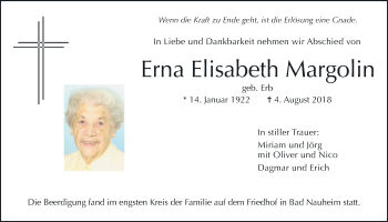 Traueranzeige von Erna Elisabeth Margolin von Wetterauer Zeitung, Wetterauer Zeitung