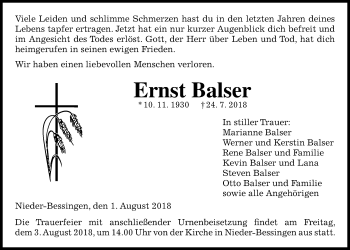 Traueranzeige von Ernst Balser von Giessener Allgemeine, Alsfelder Allgemeine