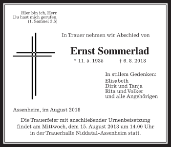 Traueranzeige von Ernst Sommerlad von Wetterauer Zeitung, Wetterauer Zeitung