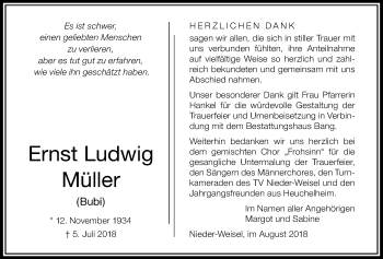 Traueranzeige von Ernst Ludwig Müller von Giessener Allgemeine, Alsfelder Allgemeine