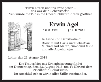 Traueranzeige von Erwin Agel von Giessener Allgemeine, Alsfelder Allgemeine
