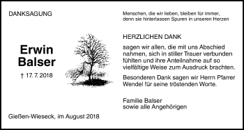 Traueranzeige von Erwin Balser von Giessener Allgemeine, Alsfelder Allgemeine