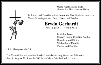 Traueranzeige von Erwin Gerhardt von Licher Wochenblatt, Licher Wochenblatt, Licher Wochenblatt