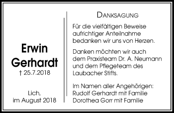 Traueranzeige von Erwin Gerhardt von Licher Wochenblatt, Licher Wochenblatt, Licher Wochenblatt