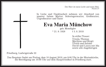 Traueranzeige von Eva Maria Münchow von Wetterauer Zeitung, Wetterauer Zeitung