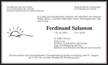 Traueranzeige von Ferdinand Salamon von Wetterauer Zeitung, Wetterauer Zeitung