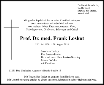 Traueranzeige von Frank Loskot von Wetterauer Zeitung, Wetterauer Zeitung