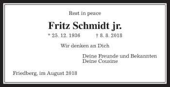 Traueranzeige von Fritz Schmidt von Wetterauer Zeitung, Wetterauer Zeitung