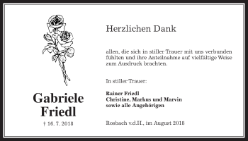 Traueranzeige von Gabriele Friedl von Wetterauer Zeitung, Wetterauer Zeitung