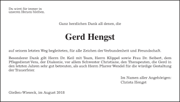 Traueranzeige von Gerd Hengst von Giessener Allgemeine, Alsfelder Allgemeine