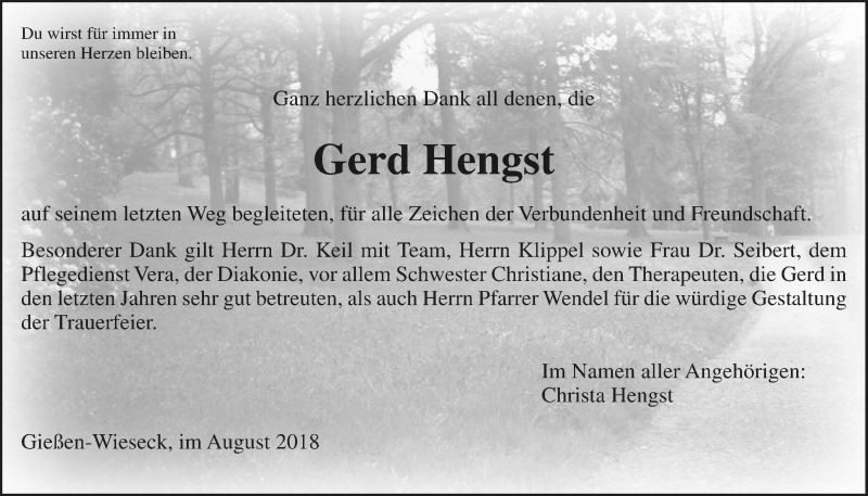  Traueranzeige für Gerd Hengst vom 04.08.2018 aus Giessener Allgemeine, Alsfelder Allgemeine