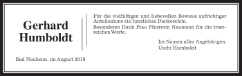Traueranzeige von Gerhard Humboldt von Wetterauer Zeitung, Wetterauer Zeitung