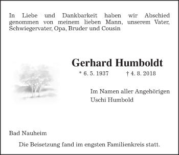 Traueranzeige von Gerhard Humboldt von Wetterauer Zeitung, Wetterauer Zeitung