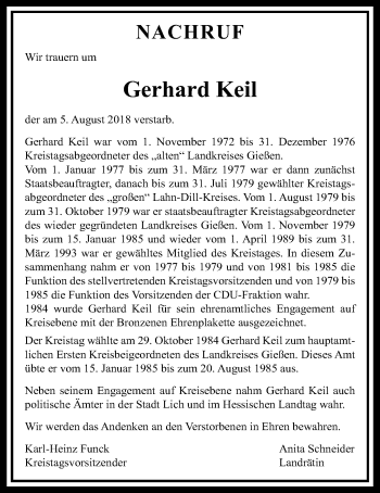 Traueranzeige von Gerhard Keil von Giessener Allgemeine, Alsfelder Allgemeine