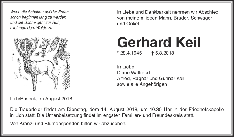  Traueranzeige für Gerhard Keil vom 09.08.2018 aus Licher Wochenblatt, Licher Wochenblatt, Licher Wochenblatt