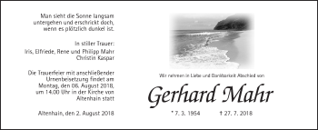 Traueranzeige von Gerhard Mahr von Giessener Allgemeine, Alsfelder Allgemeine