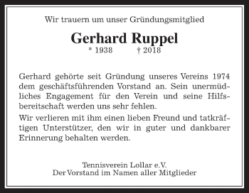 Traueranzeige von Gerhard Ruppel von Giessener Allgemeine, Alsfelder Allgemeine