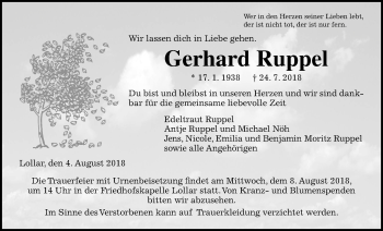 Traueranzeige von Gerhard Ruppel von Giessener Allgemeine, Alsfelder Allgemeine
