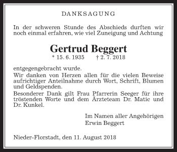 Traueranzeige von Gertrud Beggert von Wetterauer Zeitung, Wetterauer Zeitung