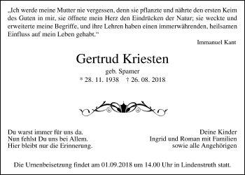 Traueranzeige von Gertrud Kriesten von Giessener Allgemeine, Alsfelder Allgemeine