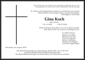 Traueranzeige von Gina Koch von Wetterauer Zeitung, Wetterauer Zeitung